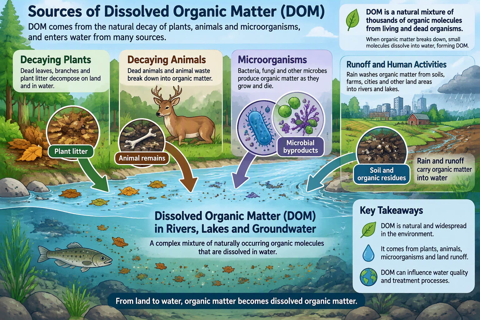 Decaying plants and animals, microorganisms, and runoff are sources of dissolved organic matter.