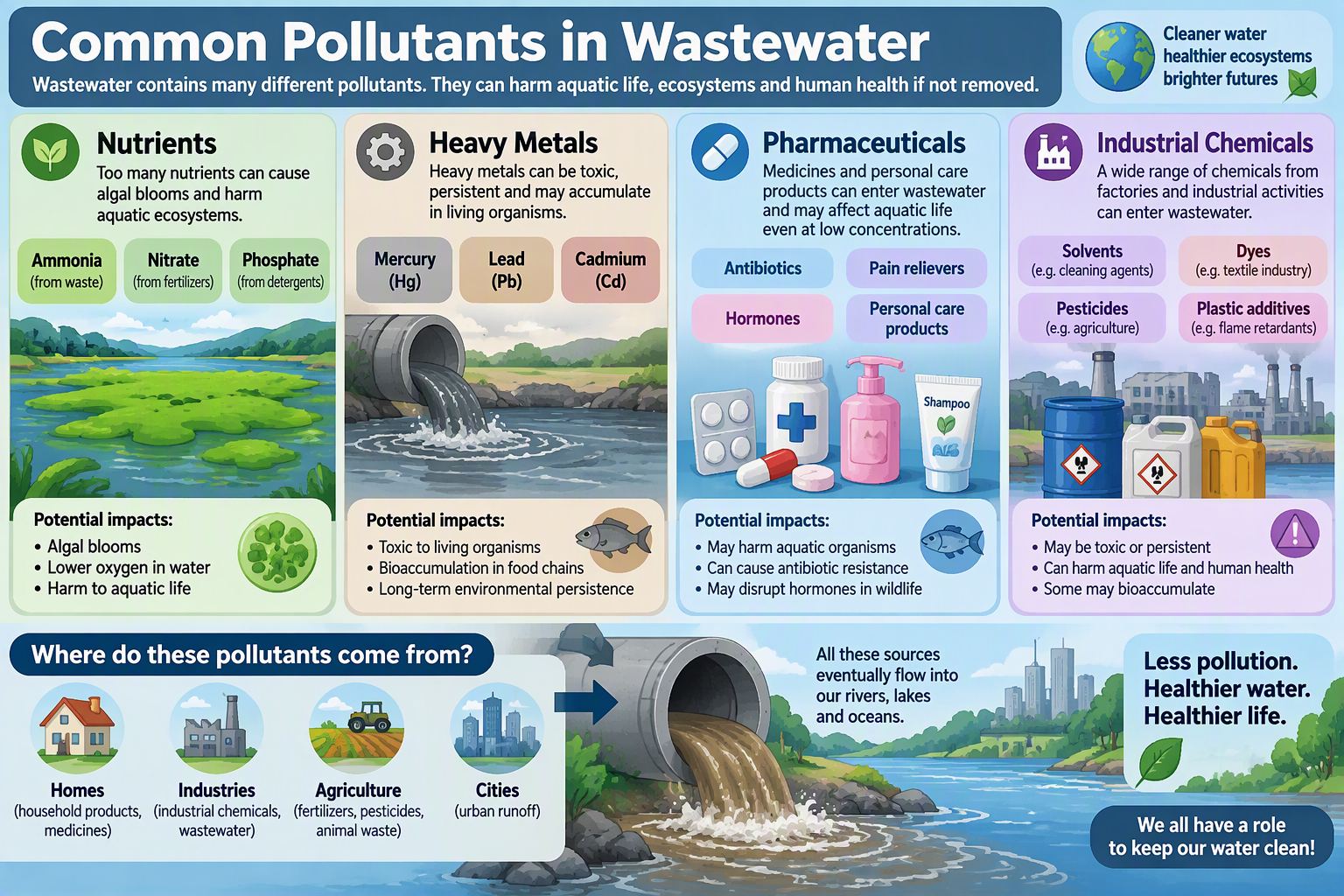 Common wastewater pollutants include nutrients, heavy metals, pharmaceuticals, and industrial chemicals.