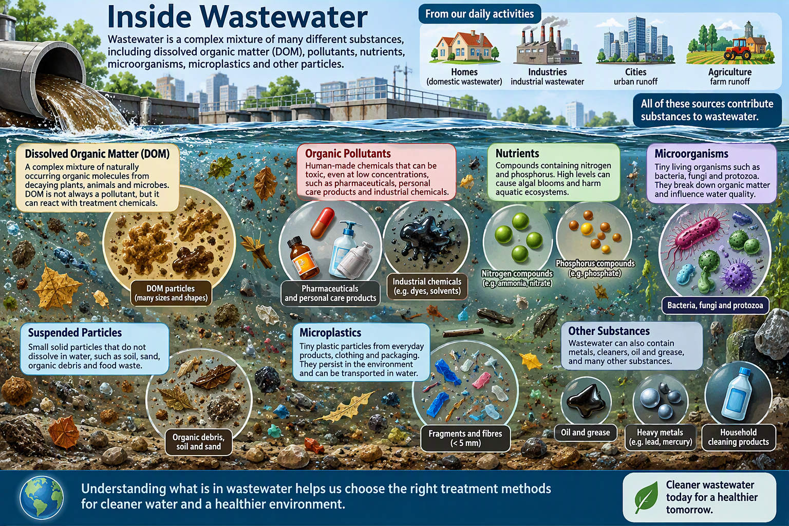 Inside wastewater are dissolved organic matter, pollutants, nutrients, microorganisms, microplastics, and other substances.