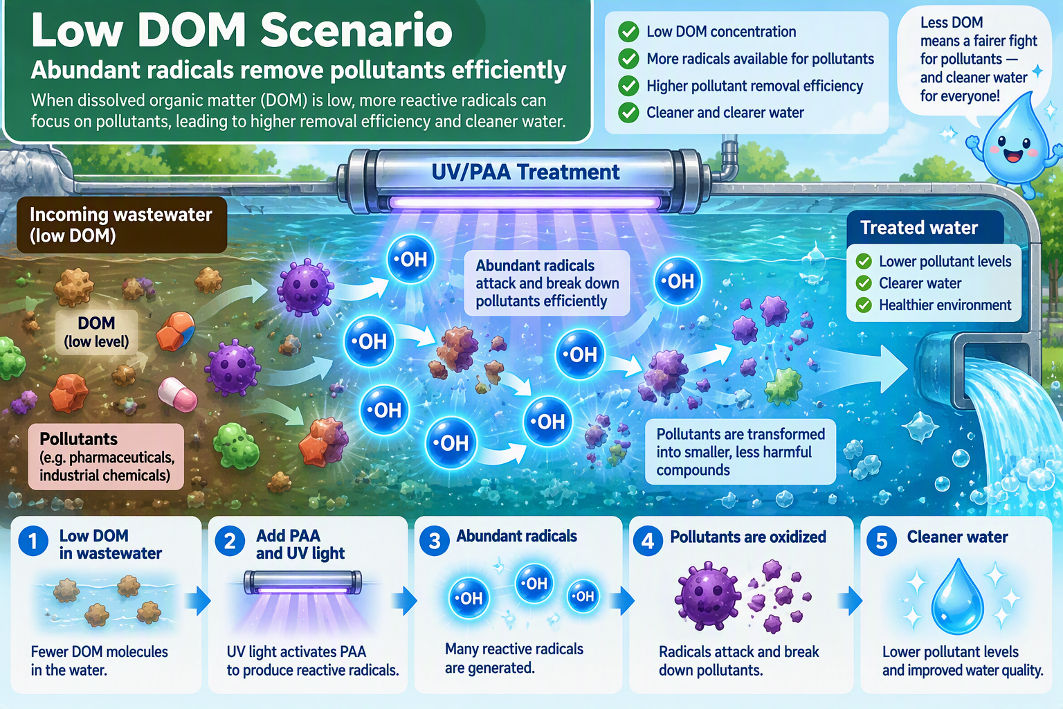 Low DOM scenario: more radicals remain available to oxidize pollutants in UV/PAA treatment.