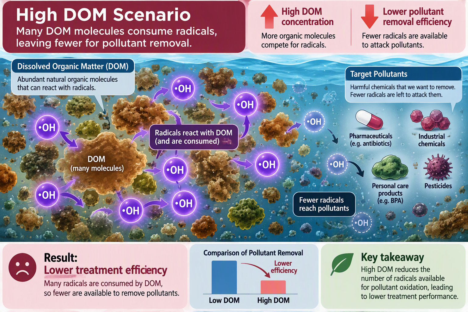 High DOM scenario: DOM molecules consume radicals, leaving fewer available to attack target pollutants.