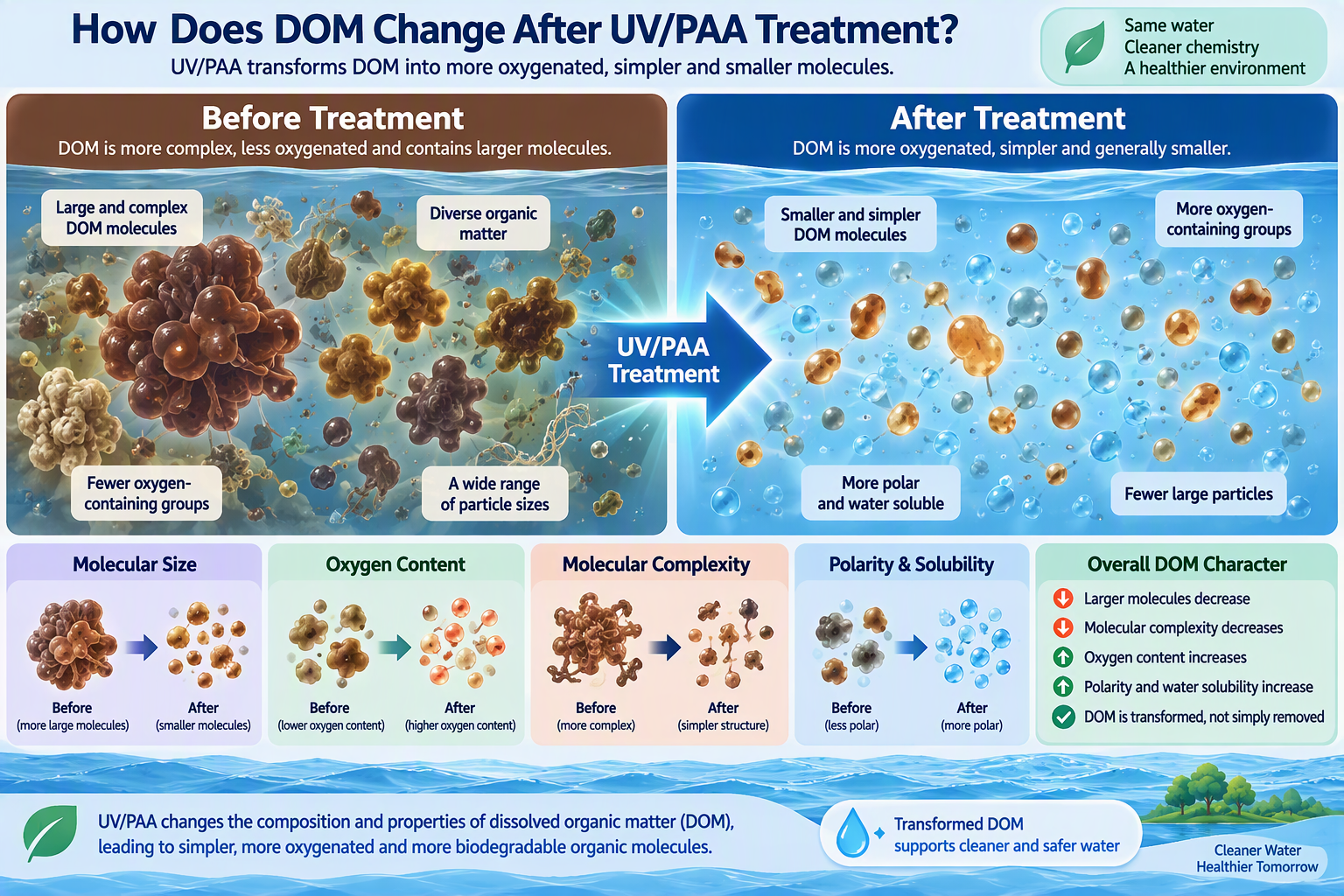 Before-and-after comparison showing DOM becomes more oxygenated, simpler, and smaller after UV/PAA treatment.