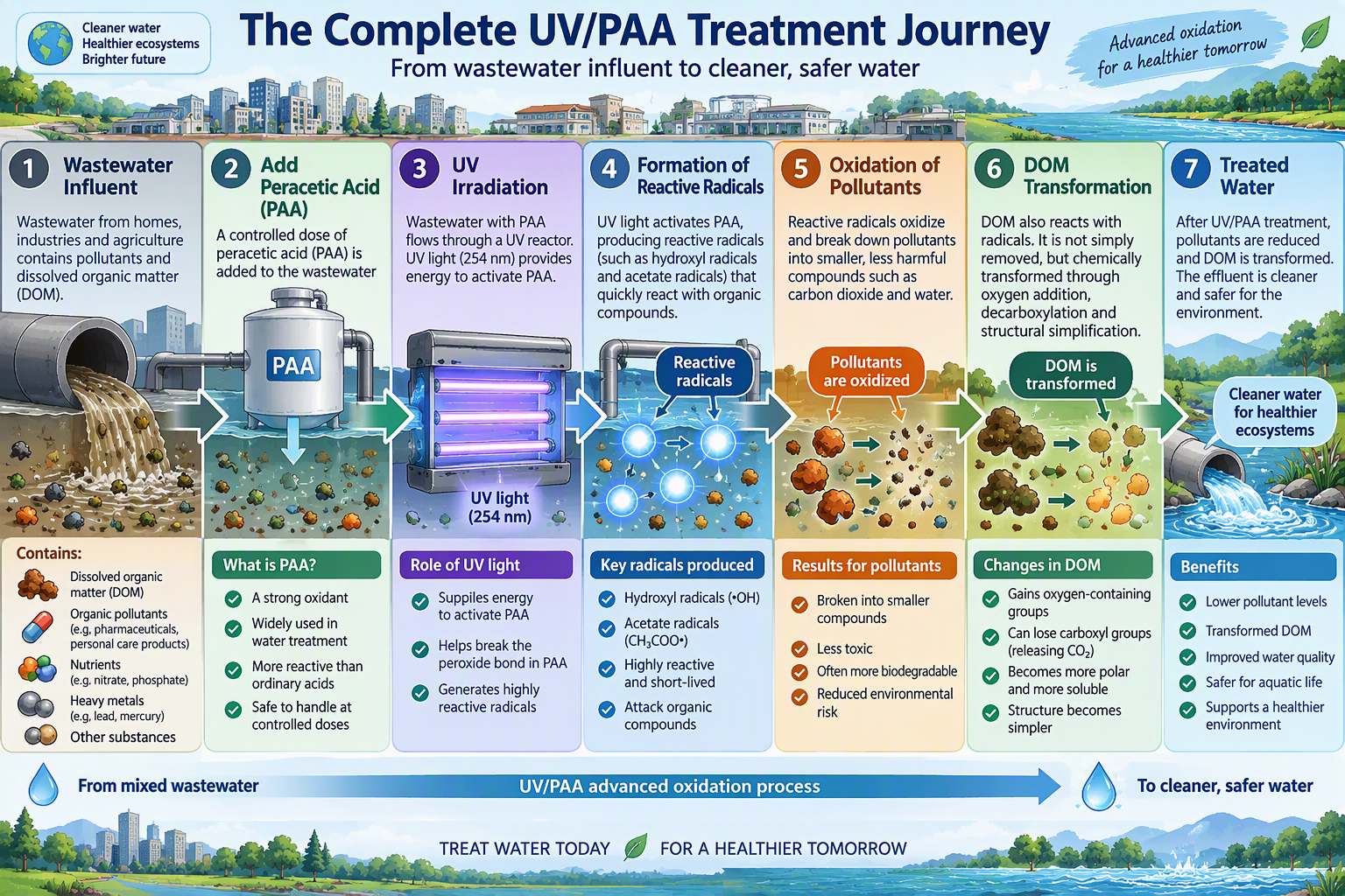 The complete UV/PAA treatment journey from wastewater influent through peracetic acid addition, UV activation, radical formation, pollutant oxidation, DOM transformation, and treated water.